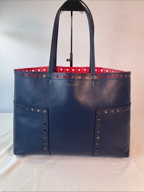 Tory Burch Block T Brogue Leather Tote Navy Blue Red Large Shopper Shoulder Bag